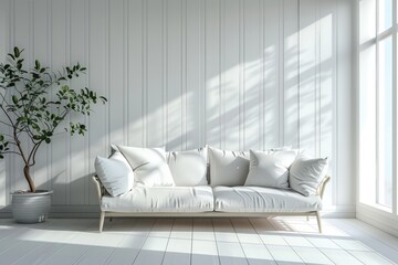 Canvas Print - White sofa in a minimalist living room with a plant in a pot and sunlight streaming through a window.