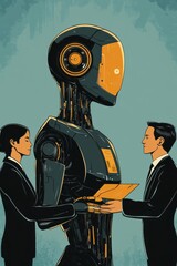 Poster - AI robot interacting with business professionals demonstrating futuristic communication and technology integration