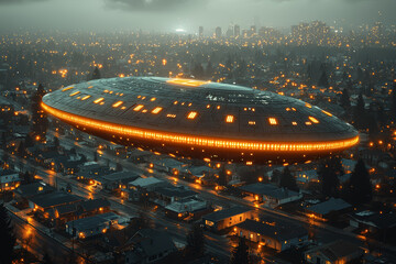 Poster - a dark, oval-shaped craft with glowing panels, moving silently over a quiet suburban neighborhood. c