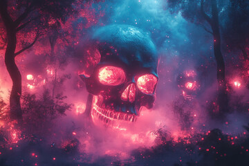 A mesmerizing abstract Halloween scene featuring glowing skulls amidst mystical forest. vibrant colors and ethereal fog create an enchanting atmosphere..