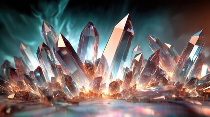 Group of sharp-edged faceted crystals, arranged in a dynamic explosion of light and color, creating a futuristic abstract background