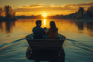 Canvas Print - Two people laughing during a romantic boat ride on a calm lake, enjoying their peaceful escape. Concept of relaxation and romantic moments.