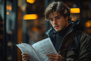 Poster - An individual reading a dense scientific paper, with a thoughtful expression and notes scattered around. Concept of deep learning and intellectual engagement.