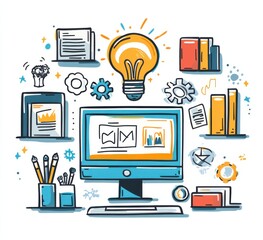 Creative illustration of an online web design course with computer monitor, lightbulb, books, and design tools