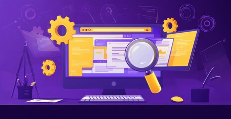 Poster - Illustration of an online search engine interface with digital elements and magnifying glass for internet browsing and technology concepts