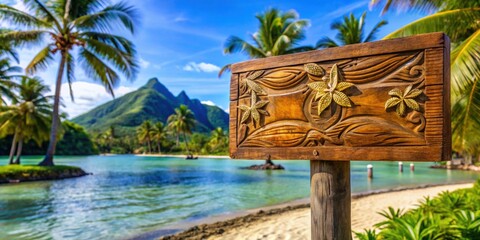 Carved wooden sign at a tropical vacation resort on Le Taha'a island, tropical, vacation, destination, Le Taha'a, island, resort