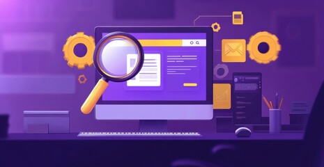 Poster - Online search engine interface with magnifying glass and digital elements depicting technology and data analysis on a desktop computer screen