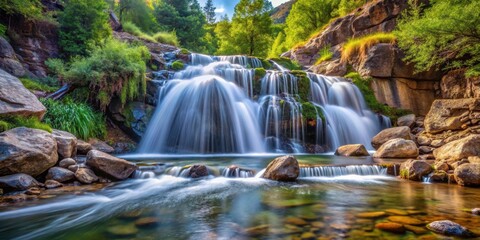 Wall Mural - A picturesque small waterfall cascading down a rocky mountain river, nature, water, flow, landscape, scenery, cascade