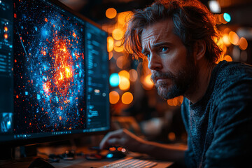 Poster - An artist creating a complex digital artwork using sophisticated software, demonstrating creativity and technical skill. Concept of artistic intelligence and digital proficiency.
