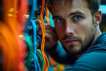 Poster - a technician adjusting a maze of colorful wires to fix a complex circuit, illustrating inventive tec