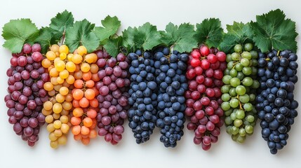 Various colorful grape bunches with green leaves arranged in a row. Perfect for topics related to fruit, nutrition, nature, and healthy eating.