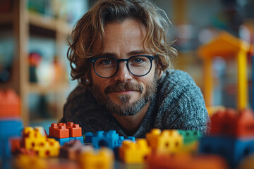Poster - a teacher using interactive educational toys to demonstrate unique problem-solving strategies in a c