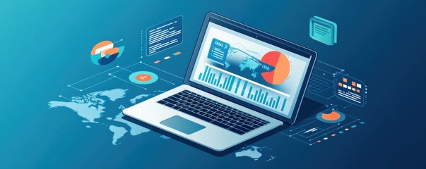 Poster - Illustration of an open laptop with floating digital graphs and charts above a world map background