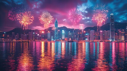 Vibrant city skyline illuminated by colorful fireworks and reflections over water at night, showcasing celebration and urban beauty.