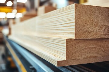 Close-up of stacked wooden beams in a factory setting