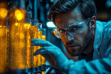 Poster - a scientist experimenting with liquid-filled tubes to demonstrate fluid dynamics and creative soluti