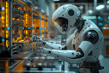 Poster - A robotic arm precisely assembling intricate components in a high-tech laboratory. Concept of automation and technical intelligence.