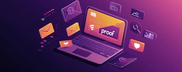 Poster - Illustration of social media icons floating around a laptop depicting digital communication and online interaction in vibrant colors