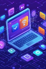Poster - Futuristic illustration of social media icons surrounding a digital laptop representing online communication and technology in vibrant neon colors