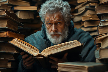 Poster - a philosopher deeply immersed in thought, surrounded by classic texts and philosophical works. conce