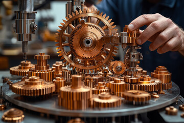 Aufkleber - A person using a set of unique wooden gears to create a functional machine, demonstrating inventive problem-solving and design. Concept of engineering creativity and innovation.
