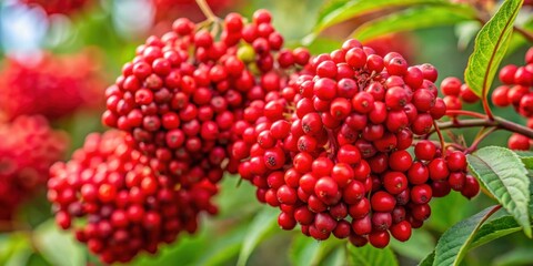 Close up of vibrant red Sambucus racemosa berries on a cluster, red elderberry, red-berried elder, close up, vibrant, red, berries