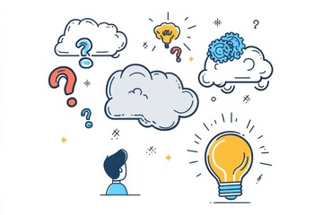Poster - illustration of thought bubbles with question marks, gears, and a bright light bulb representing cre