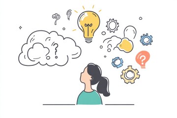 Poster - illustration of a person contemplating ideas with thought bubbles and a light bulb symbolizing creat