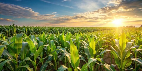 Wall Mural - Corn plants basking in the summer sunlight in a vast farm field, agriculture, farming, crop, maize, green, growth, rural, field