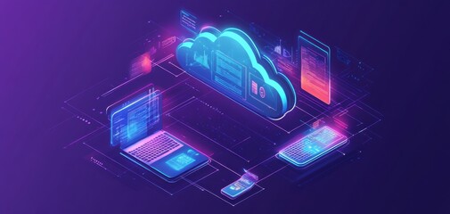 Poster - Isometric illustration of AI cloud technology with digital devices connected in a futuristic network environment