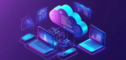 Poster - Isometric illustration of cloud computing AI technology with digital devices connected to data servers in a futuristic setting