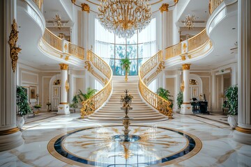 luxurious grand staircase in an opulent mansion foyer with a magnificent chandelier, ornate decor, a