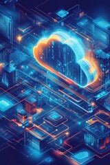 Poster - Isometric illustration of futuristic cloud technology with digital cityscape and glowing neon elements