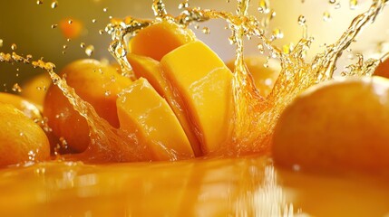 Slices of mango splashing into orange juice, creating a vibrant scene.