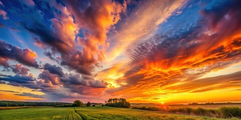 Wall Mural - vibrant sunset clouds over tranquil evening sky in countryside landscape, sunset, clouds, vibrant, t