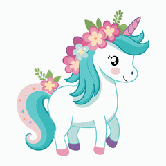 Cartoon unicorn with floral headband vector illustration on a white background, in pastel colors with a cute design for a t-shirt print. Illustration of a pink pony with a long mane and flowers