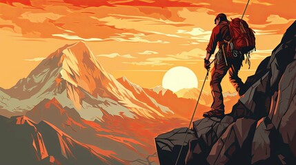 Wall Mural - A Climber on a Rocky Mountain Ridge at Sunset