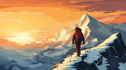 Wall Mural - A lone hiker on a mountaintop at sunset overlooking a vast mountain range