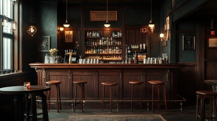 A traditional bar interior with a wooden bar, stools, and a rug on the floor. The bar is decorated with antique lighting and shelving.