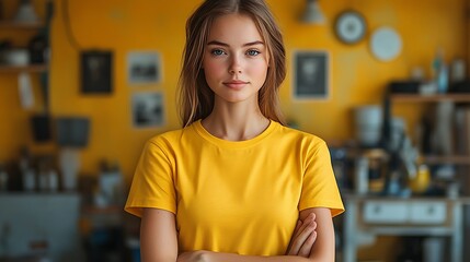 A young woman with long brown hair and blue eyes is standing in a yellow room with her arms crossed. She is wearing a yellow t-shirt.