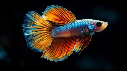 Wall Mural - A vibrant blue and orange Siamese Fighting Fish with flowing fins against a black background.