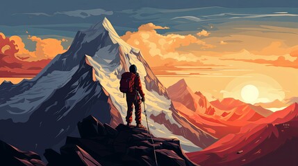 Wall Mural - A lone hiker on a mountaintop overlooking a majestic landscape, bathed in the warm glow of sunset.