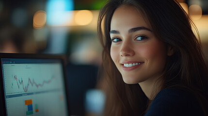 A close-up shot of an attractive female business professional smiling while looking at financial charts on her computer screen