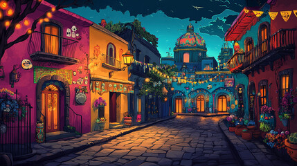 Artwork of Mexico city during Dia de los Muertos
