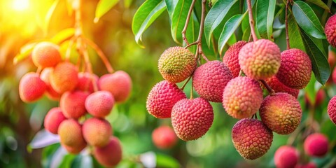 Ripe lychees in a lush orchard, showcasing the vibrant colors and juicy sweetness of this tropical fruit, Lychee, Litchi, Lichee