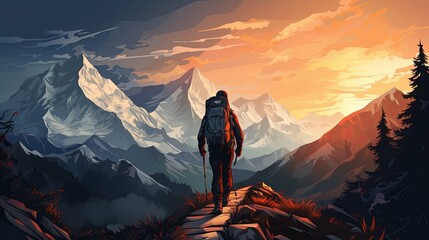 Wall Mural - Solitary Backpacker Gazing at Majestic Mountain Range at Sunset