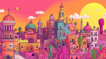 Artwork of Mexico city during Dia de los Muertos
