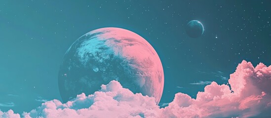 A surreal cosmic landscape featuring planets and colorful clouds.