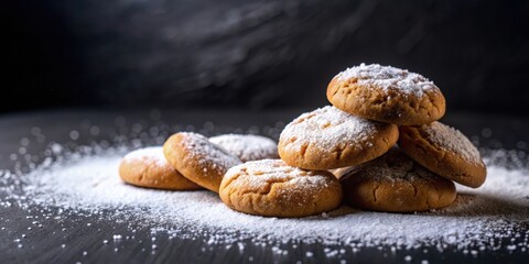 Wall Mural - Homemade cookies with powdered sugar on a black background, cookies, homemade, powdered sugar, baking, sweet