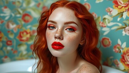 Freckled beauty with vibrant red hair and striking makeup enjoys a luxurious bubble bath, creating a mesmerizing and colorful wallpaper background